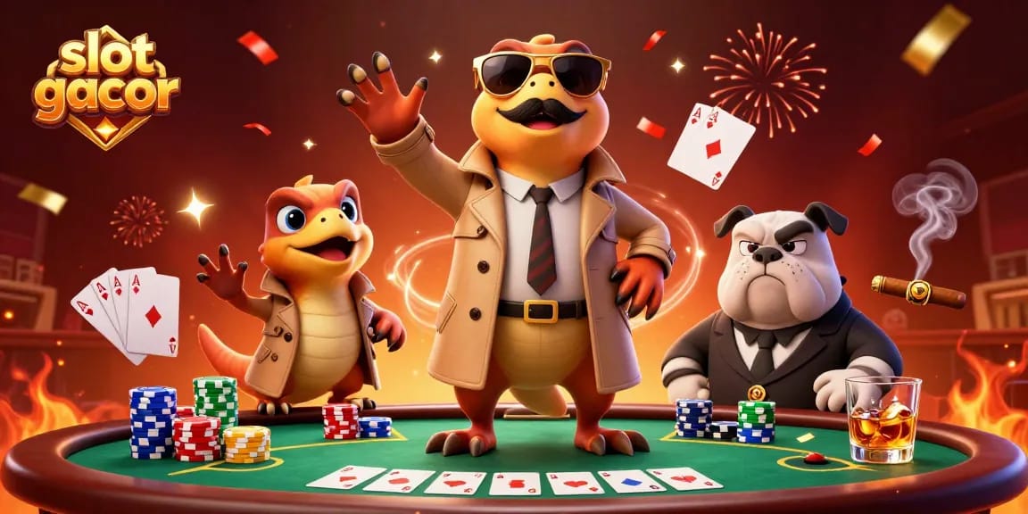 Menggali slot gacor di kasino dengan tiga raptor kartun berusaha menyamar, dikelilingi meja poker dan chip warna-warni.