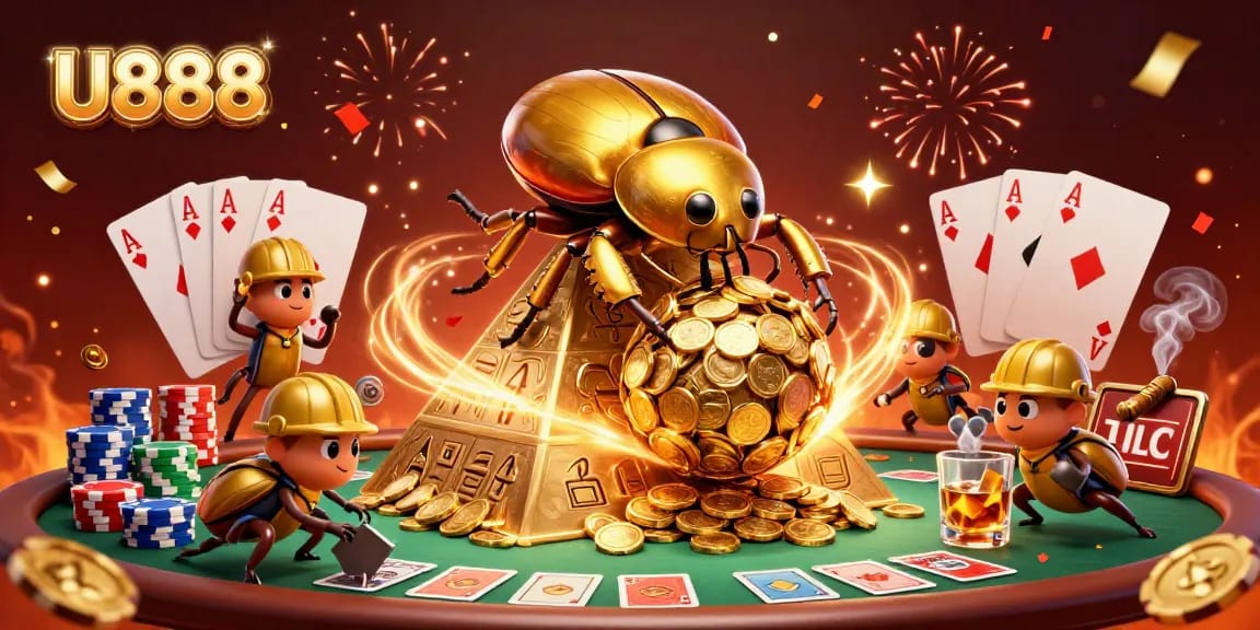 Bet on U888 with immersive casino games featuring dynamic golden dung beetles.
