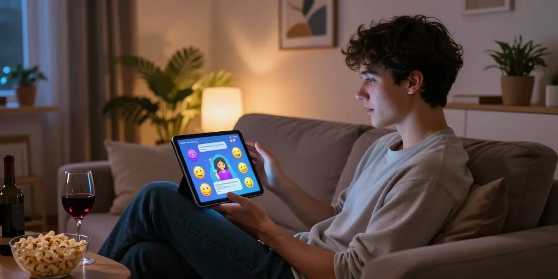 Engaging NSFW AI chat with a virtual character on a tablet in a cozy setting.