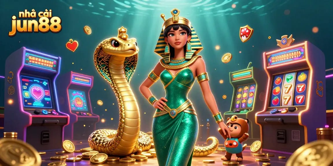 Experience exciting games at nhà cái jun88 with vibrant slots and dynamic characters in a colorful casino setting.