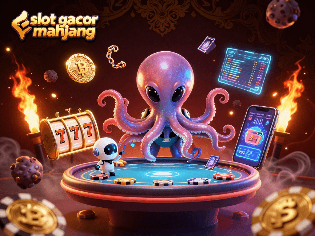 Spin and win big with slot gacor mahjong, featuring vibrant animated characters in a cosmic casino.
