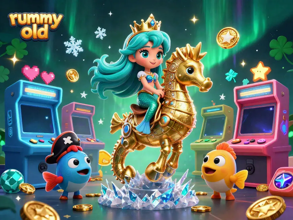 Playing rummy old with 3D mermaid, seahorse, and colorful arcade elements in a vibrant underwater scene.