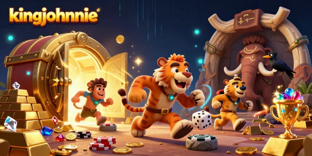 Experience kingjohnnie's thrilling prehistoric casino with vibrant gold treasures and playful characters.