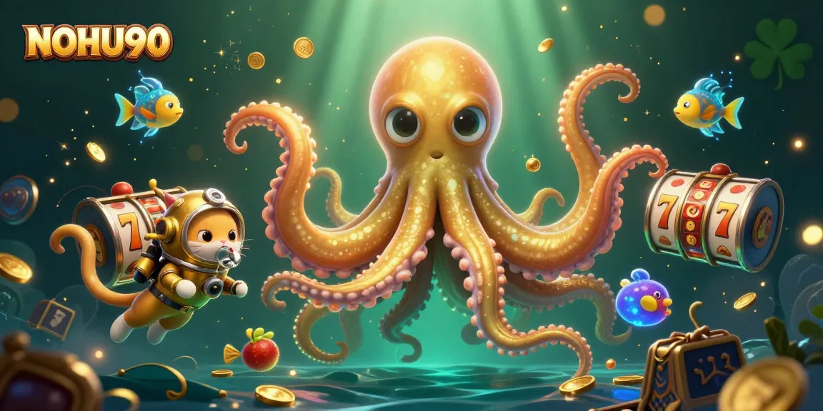 Win big with NOHU90 in a dynamic, engaging online slots scene featuring a kraken and diving cat.