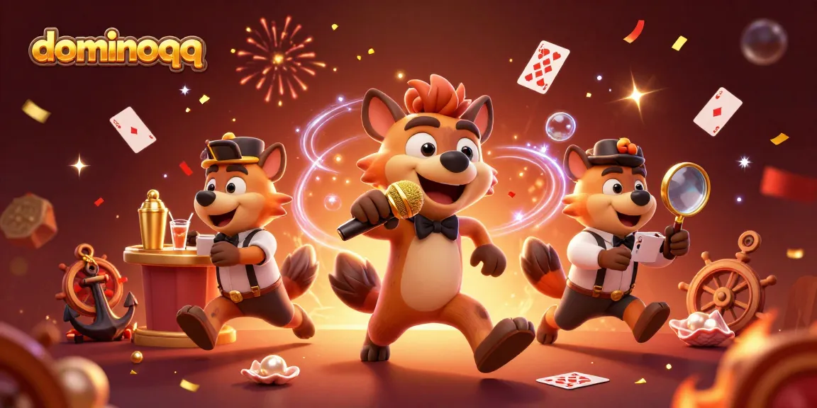 Join the fun at dominoqq with lively hyena characters in a vibrant PKV casino scene filled with games.