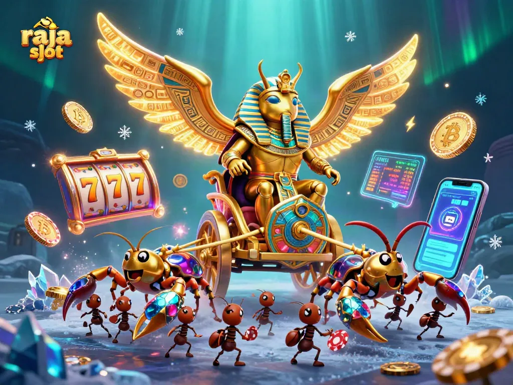 Mengklaim kemenangan di raja slot dengan chip poker yang diagungkan dan simbol jackpot.