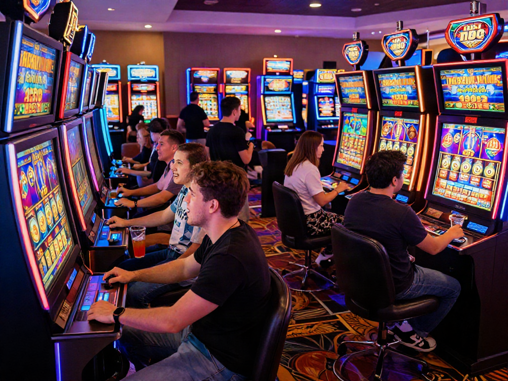 Excited players enjoying slot depo 10k at a vibrant casino, surrounded by colorful machines and lively atmosphere.