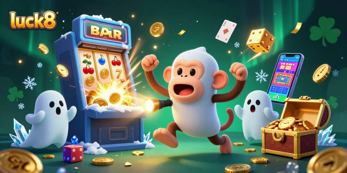 Experience casino excitement with luck8 as golden coins and symbols fly around in a haunted setting.