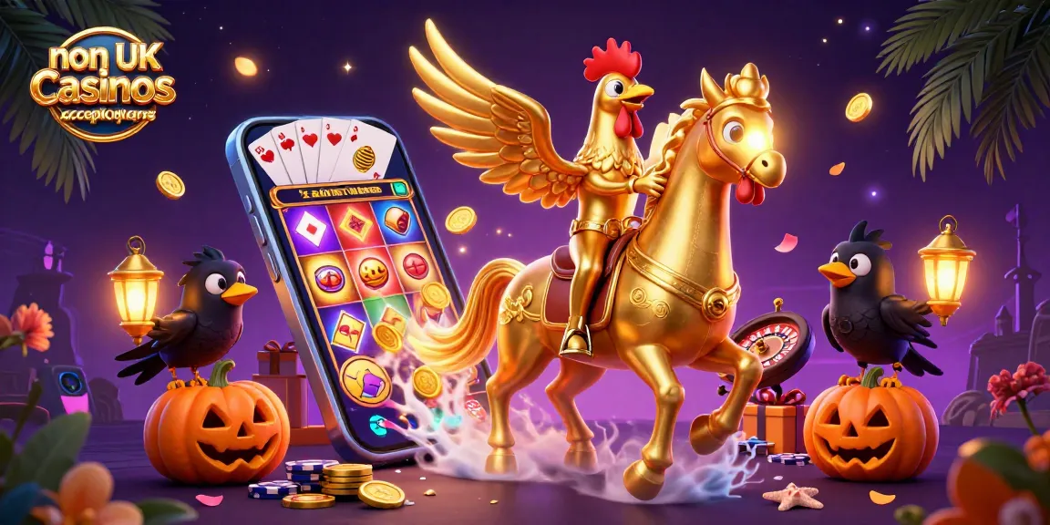Engage with non UK casinos accepting UK players, featuring a dynamic 3D casino scene with golden rooster and gaming elements.