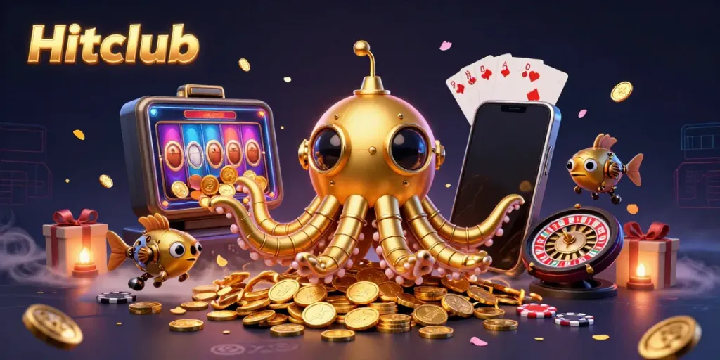 Hitclub gaming scene with a golden kraken submarine amidst coins and slot games for thrilling action.