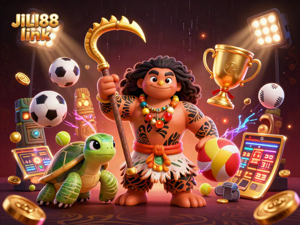 Place bets with the JILI88 link in this vibrant 3D casino scene featuring dynamic sports elements.
