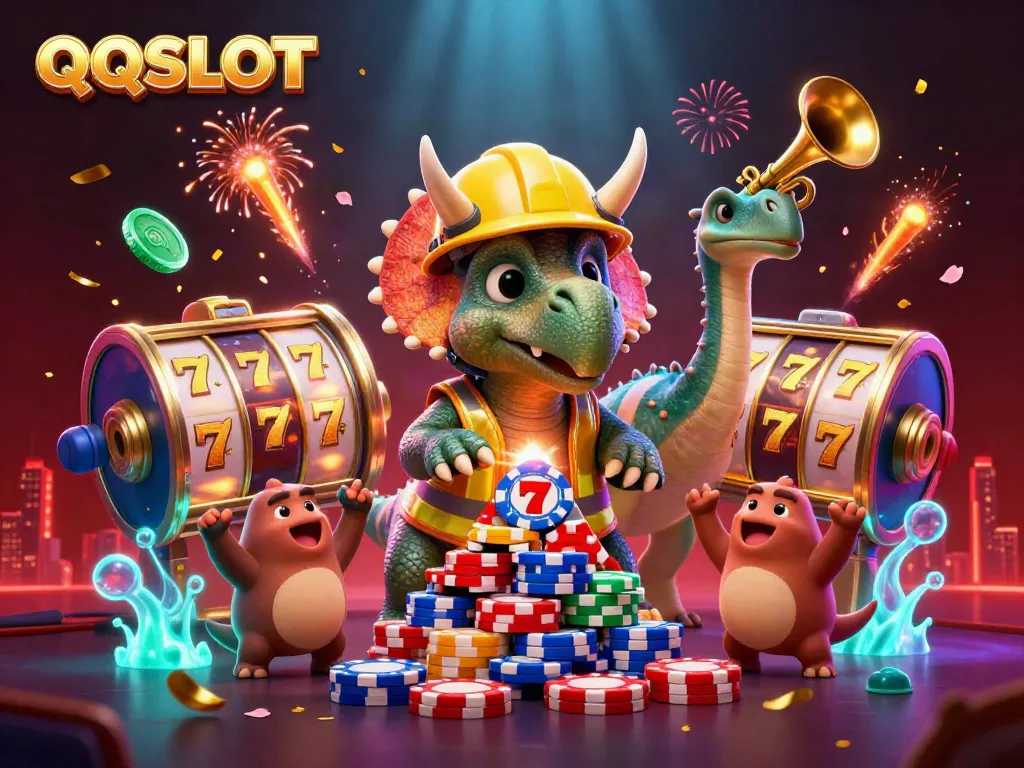 Engaging QQSLOT gaming scene with vibrant slot reels, celebrating characters, and festive casino elements.