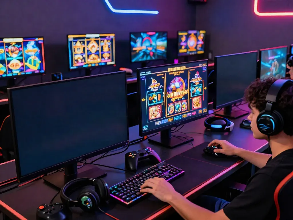 Engaged player testing ทดลองสล็อต in a vibrant gaming setup with colorful graphics and accessories.