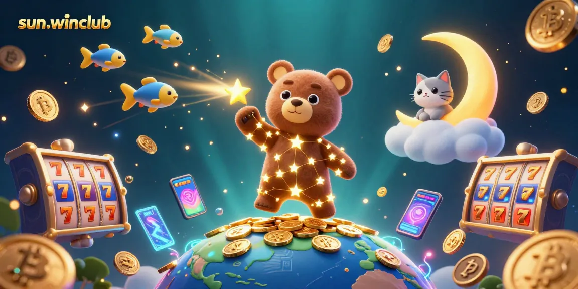 Engage with thrilling slot experiences at sun-winclub featuring golden stars, vibrant slot reels, and rich gaming elements.