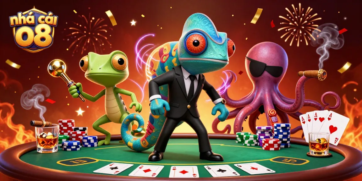 Engage in thrilling gameplay at nhà cái o8 with colorful poker chips and dynamic characters.