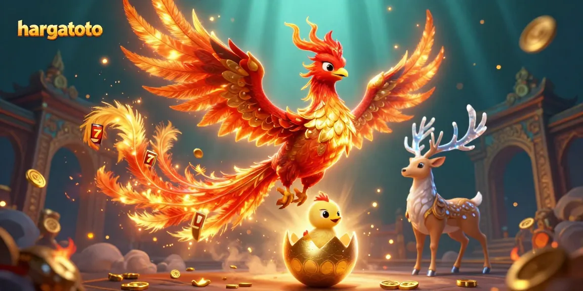 Experience hargatoto's thrilling online slot action with lively phoenix characters amidst a vibrant casino scene.