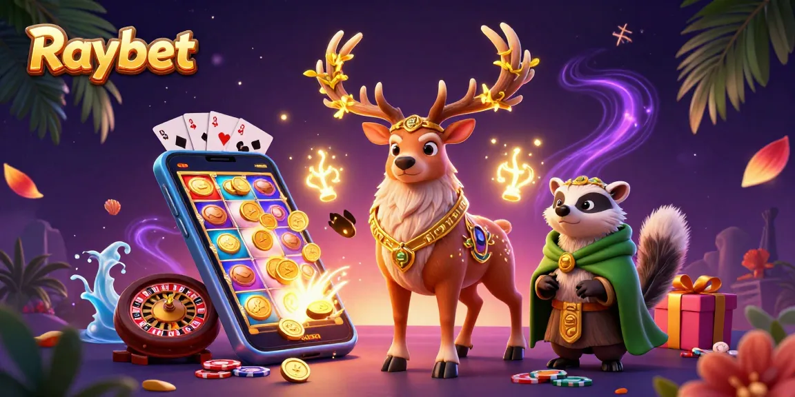 Win big at Raybet with thrilling slot games and enchanting gaming elements in a dynamic illustration.