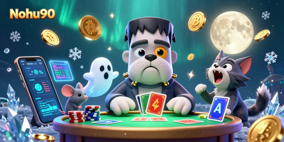 Nohu90 players enjoy thrilling games at a glowing casino table with a 3D Frankenstein bulldog dealer.