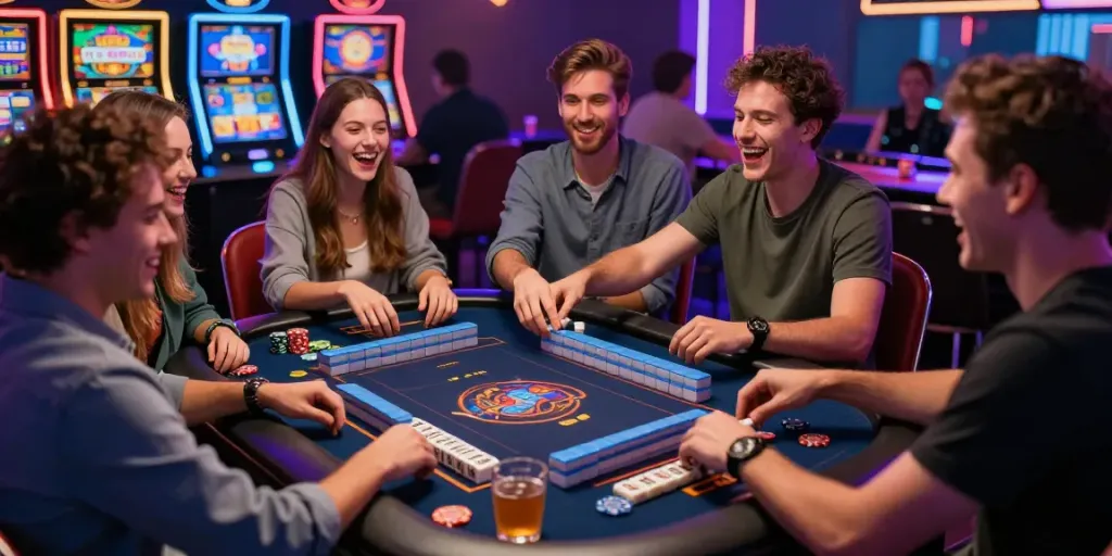 Permainan slot Mahjong yang seru dengan pemain bersemangat di kasino.
