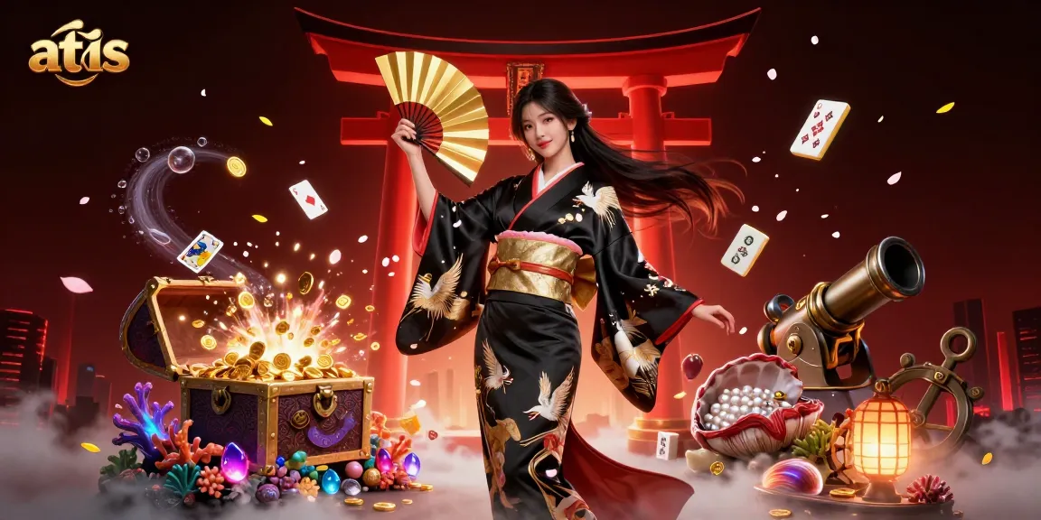 Experience excitement with atas as an elegant Asian woman celebrates with golden treasures and vibrant gaming elements.