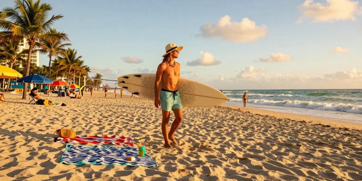 Pelancong di pantai Miami dengan papan selancar, suasana santai dan penuh petualangan https://miami4d.com/