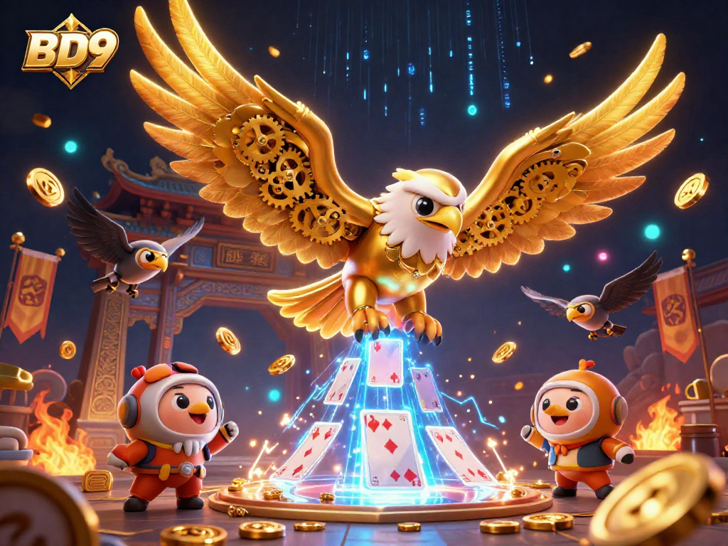 Experience thrilling action at BD9 with the cybernetic golden eagle amidst colorful playing cards and gold coins.