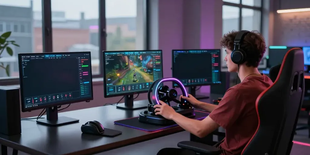 Player using luxury111 link with real-time analytics on multiple monitors in a vibrant gaming setup.