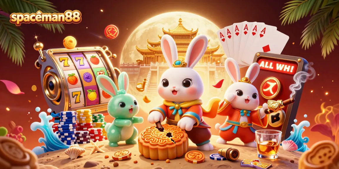 Experience Spaceman88 with vibrant slot reels and poker-themed lunar scenery.