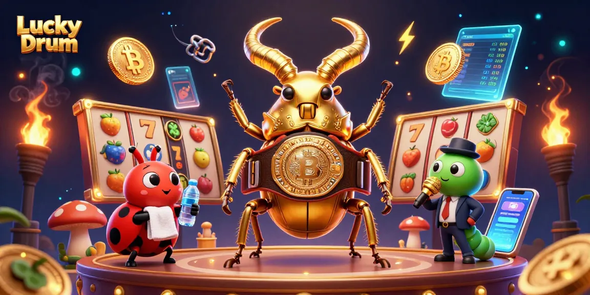 Engaging illustration of Lucky Drum featuring a giant stag beetle and casino elements in a vibrant scene.
