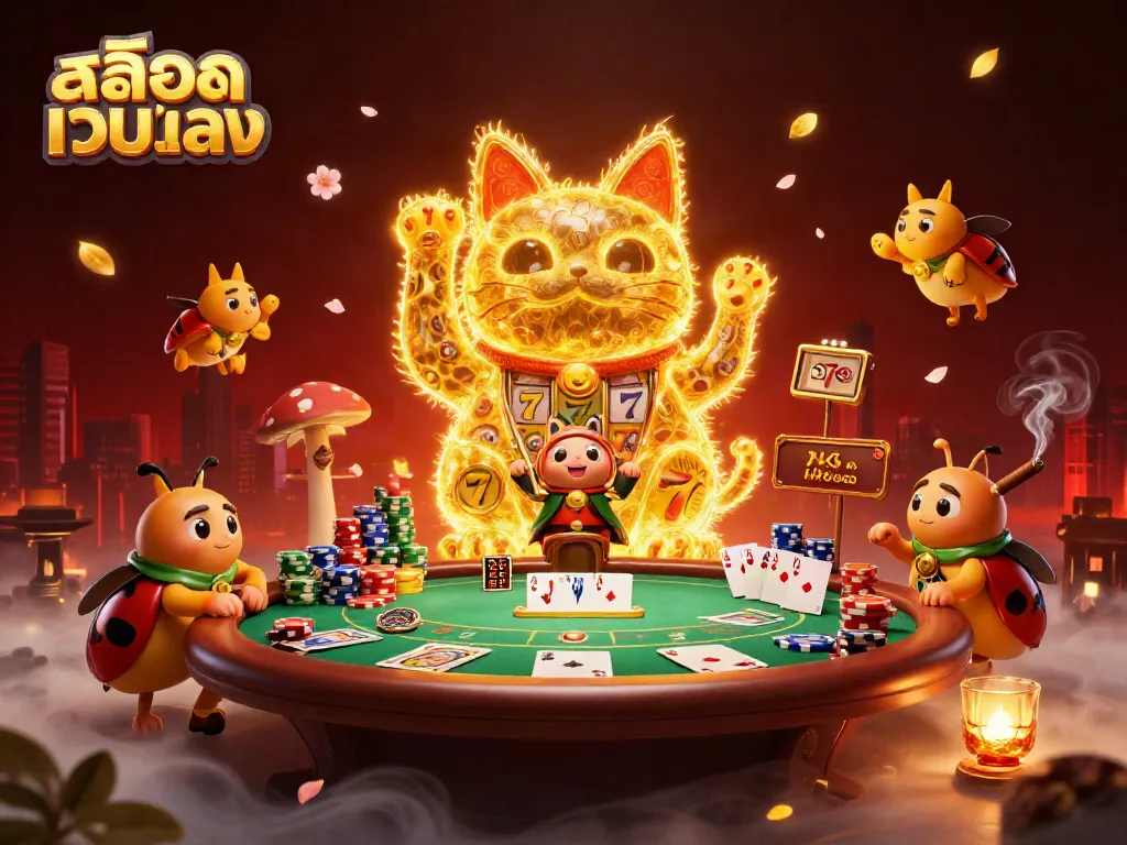 Engage in thrilling slot experiences with สล็อตเว็บตรง as a lucky cat surrounded by dynamic casino elements.