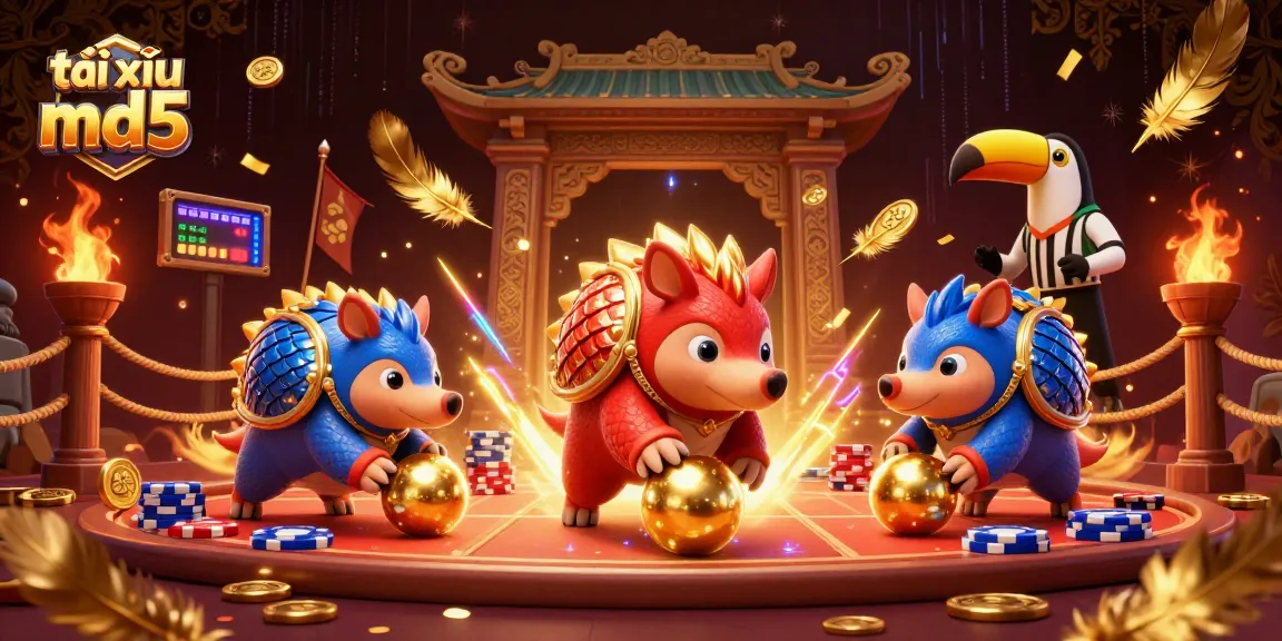 Engaging gaming scene showcasing tài xỉu md5 with competitive pangolins, gold coins, and vibrant casino elements.