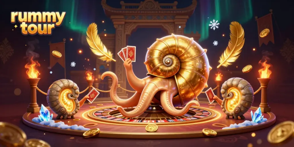 Rummy tour menghadirkan nautilus kuno mengendalikan kartu di arena perjudian yang megah.