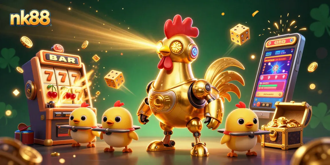 nk88 presents a vibrant scene with a golden rooster robot and baby chick drones amid a jackpot explosion.