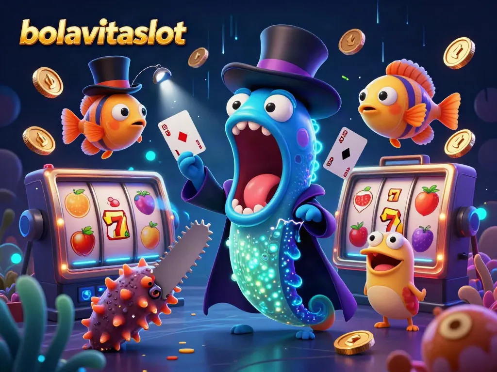 Experience the excitement at bolavitaslot with a whimsical underwater casino scene featuring vibrant characters and slot elements.
