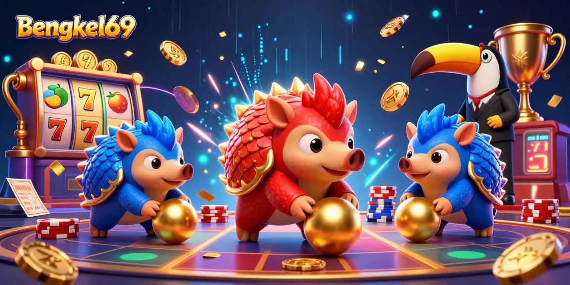 Bengkel69 pangolins battling through slot machines and poker chips in a vibrant casino scene.