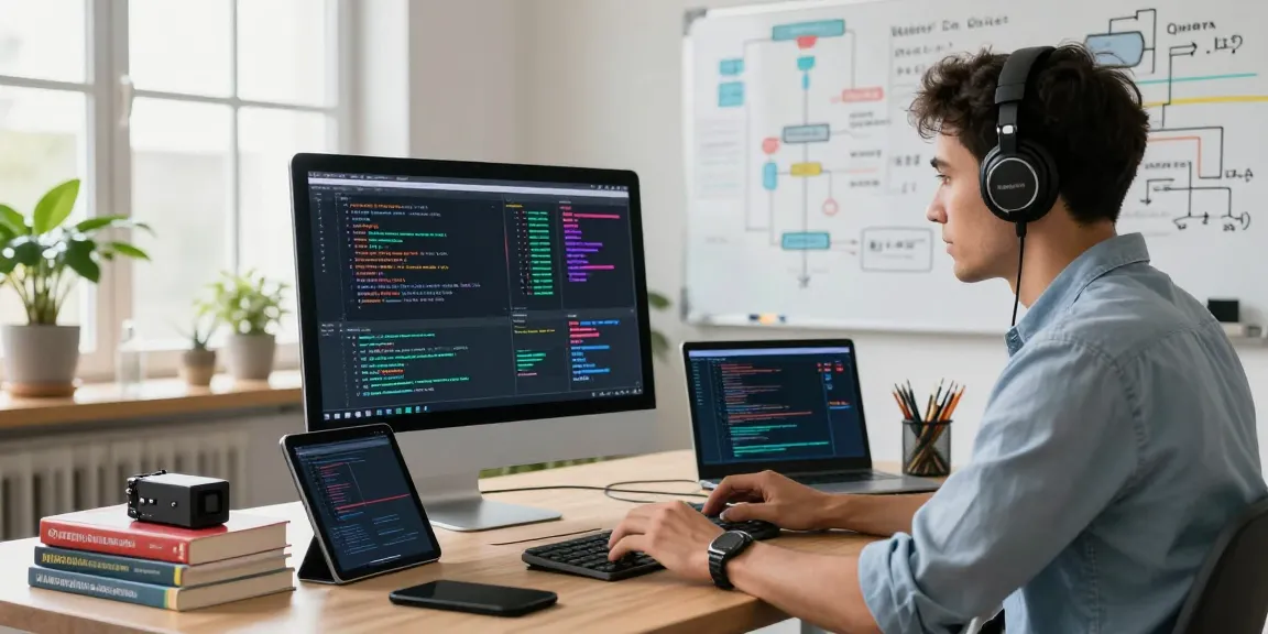 Data scientist analyzing machine learning tools in a vibrant office workspace with tech gadgets and algorithms.