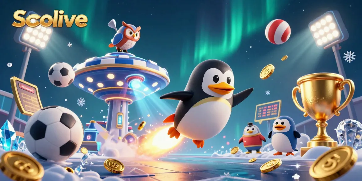 Socolive showcases an exciting rocket-powered penguin racing towards a casino, surrounded by dynamic sports elements.