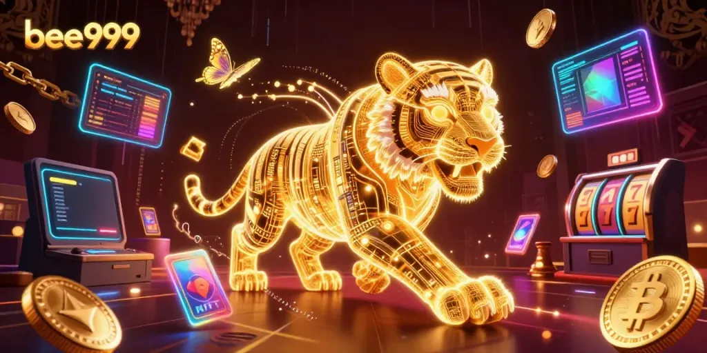 Experience thrilling fun with bee999 in a vibrant casino landscape filled with bright animations and holograms.