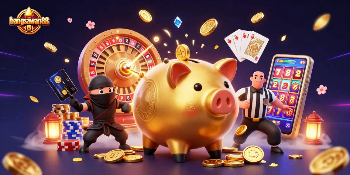Experience the thrill of bangsawan88 with a golden piggy bank sumo wrestler and dynamic casino elements.
