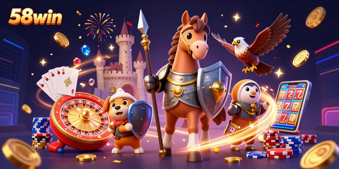Experience the excitement of 58win with a knight, squire, and falcon amidst dynamic casino elements.