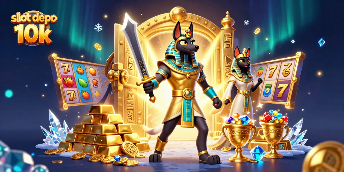 Win big with slot depo 10k featuring a dynamic 3D scene of Anubis and Bastet amidst treasures.