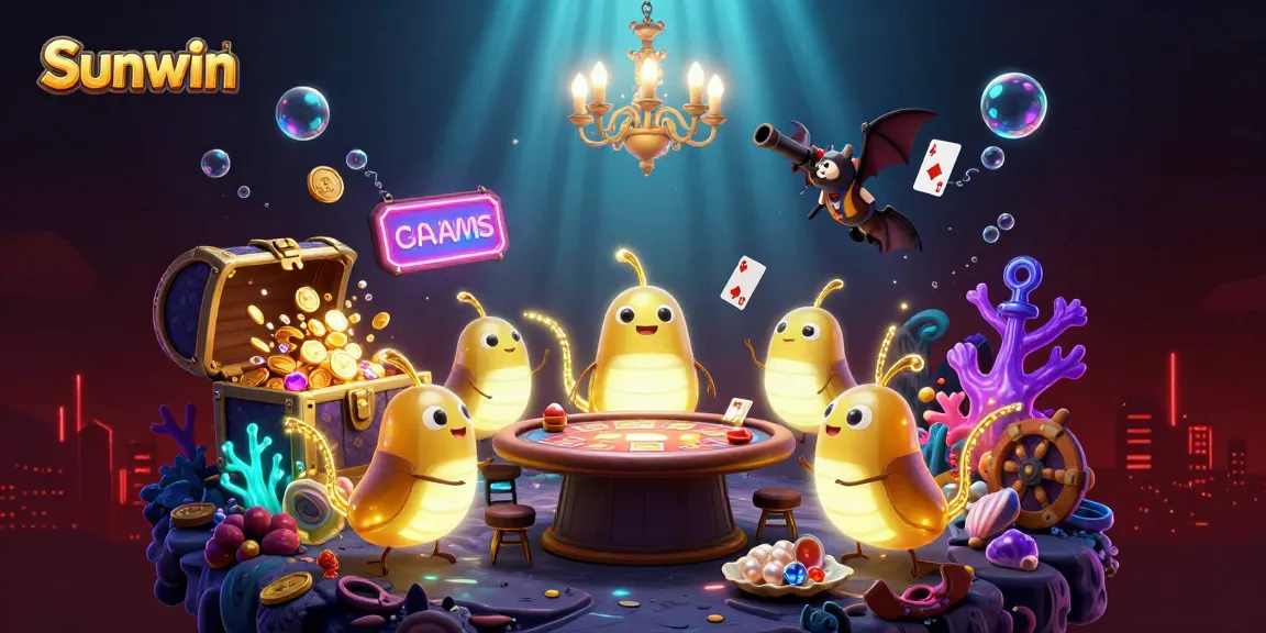 Sunwin gamblers enjoy vibrant underwater casino games in a glowworm-lit scene.