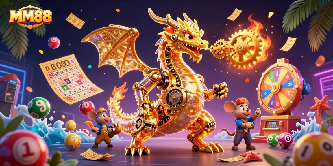 Experience the thrill of MM88 with vibrant illustrations of gaming elements like lottery balls and prize wheels.