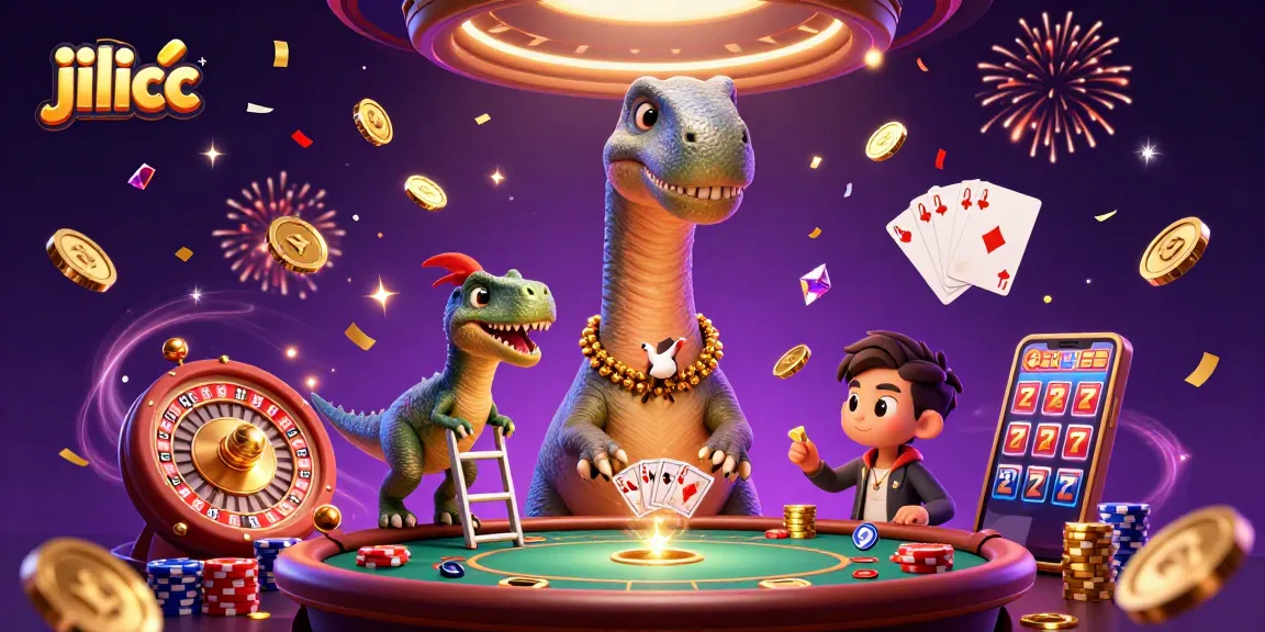 Experience the excitement of jilicc with a playful scene of a brontosaurus and raptor in a vibrant casino setting.