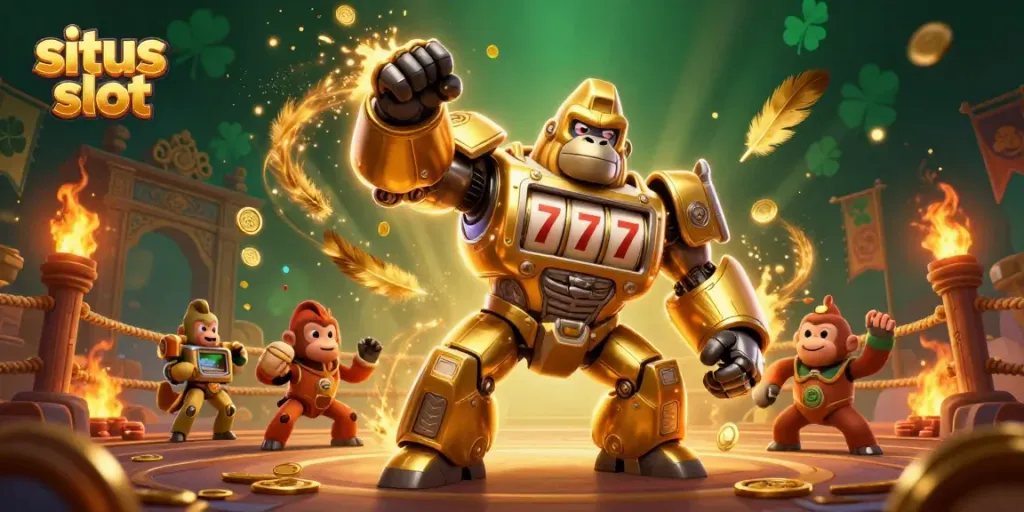 Menangkan jackpot dengan situs slot yang dipenuhi elemen menarik dan karakter mech emas.