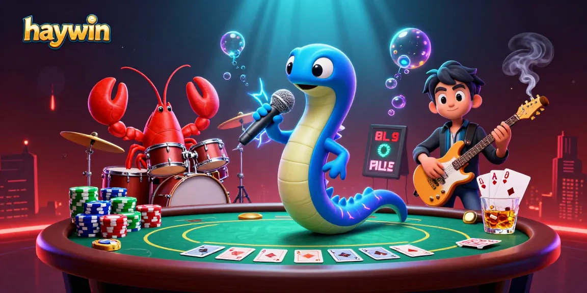 Haywin features a vibrant underwater casino scene with an electric eel DJ performing live amidst poker elements.