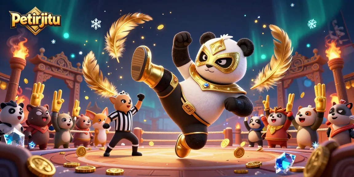 petirjitu menyajikan ilustrasi kasino online dengan karakter panda profesional beraksi dalam arena pertarungan.