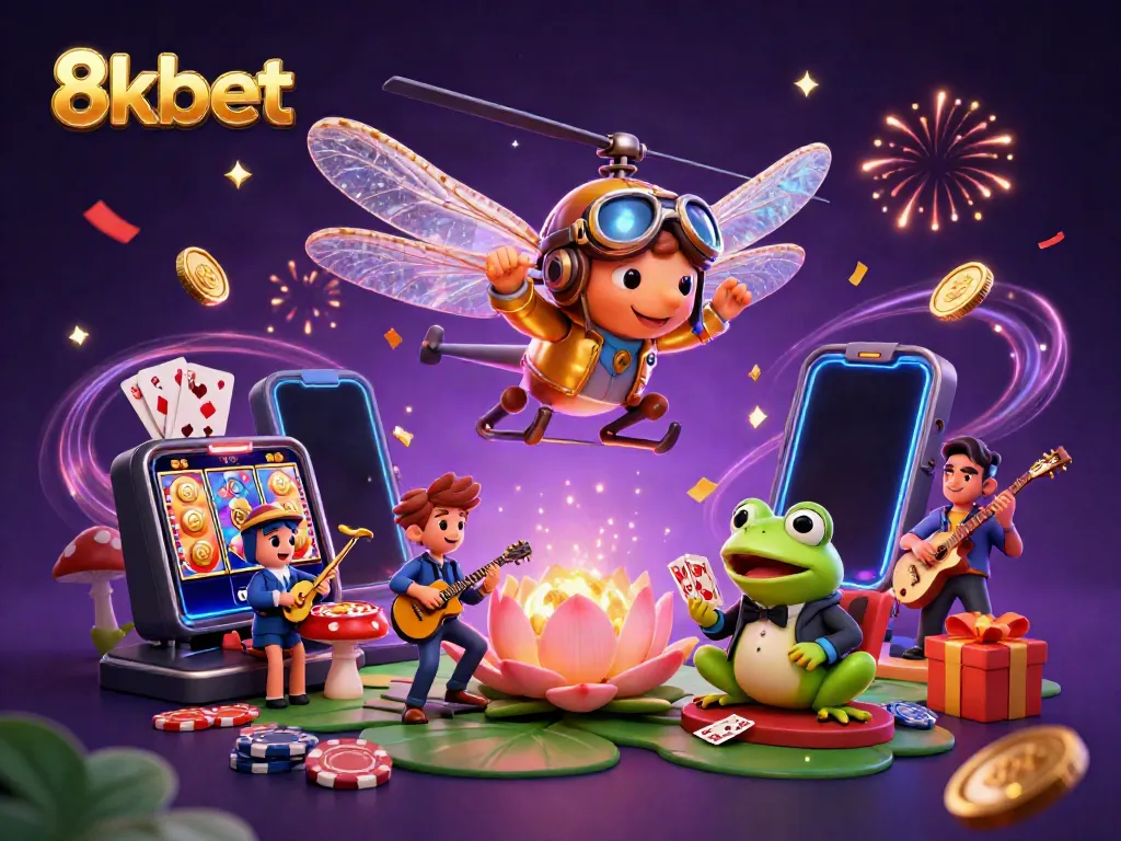 8kbet showcases a vibrant casino scene with a dragonfly pilot, frog croupier, and jazz musicians, celebrating gaming excitement.