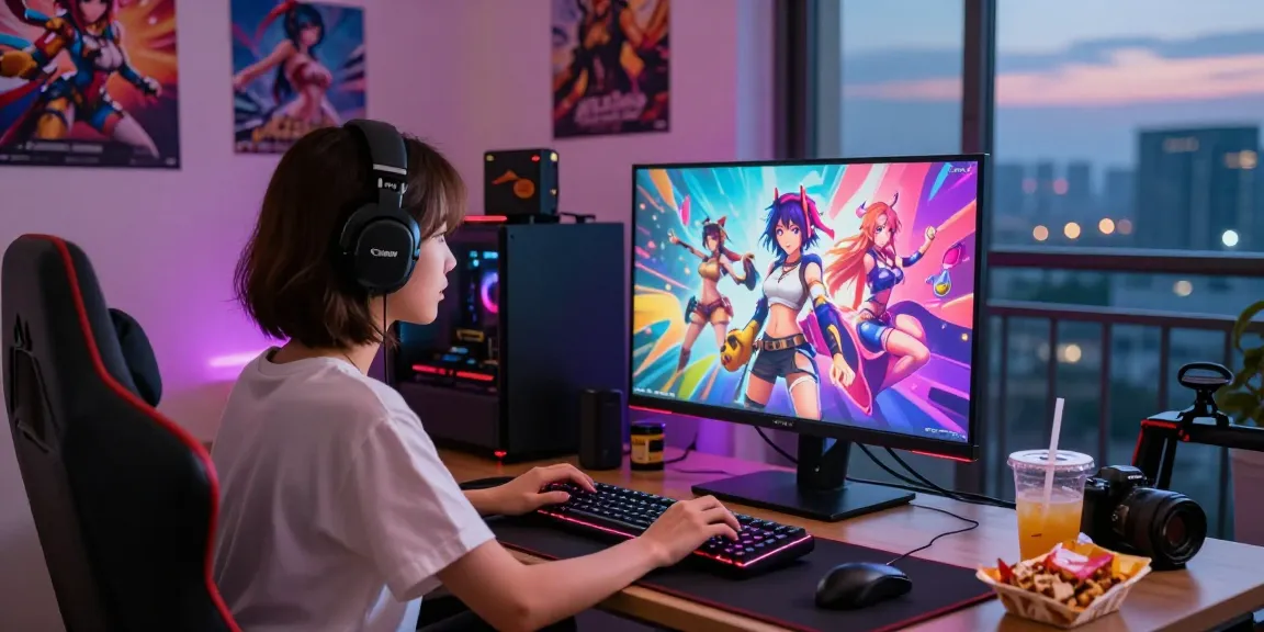 Female hentai game in a digital gaming setup, showcasing vibrant characters and a focused player.