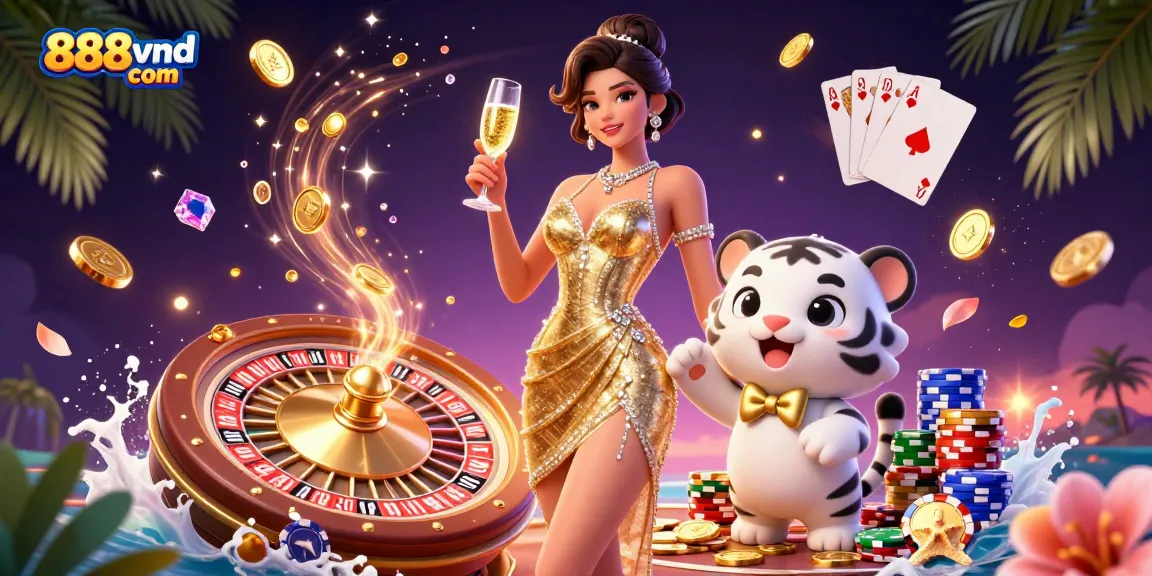 Spin the reels at 888vnd com, featuring a glamorous woman and a lucky tiger with glittering casino elements.